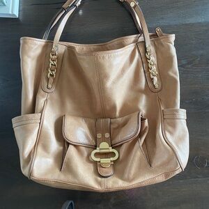 Luxurious Tan and Gold Leather b mackowski Tote with Chain Detail